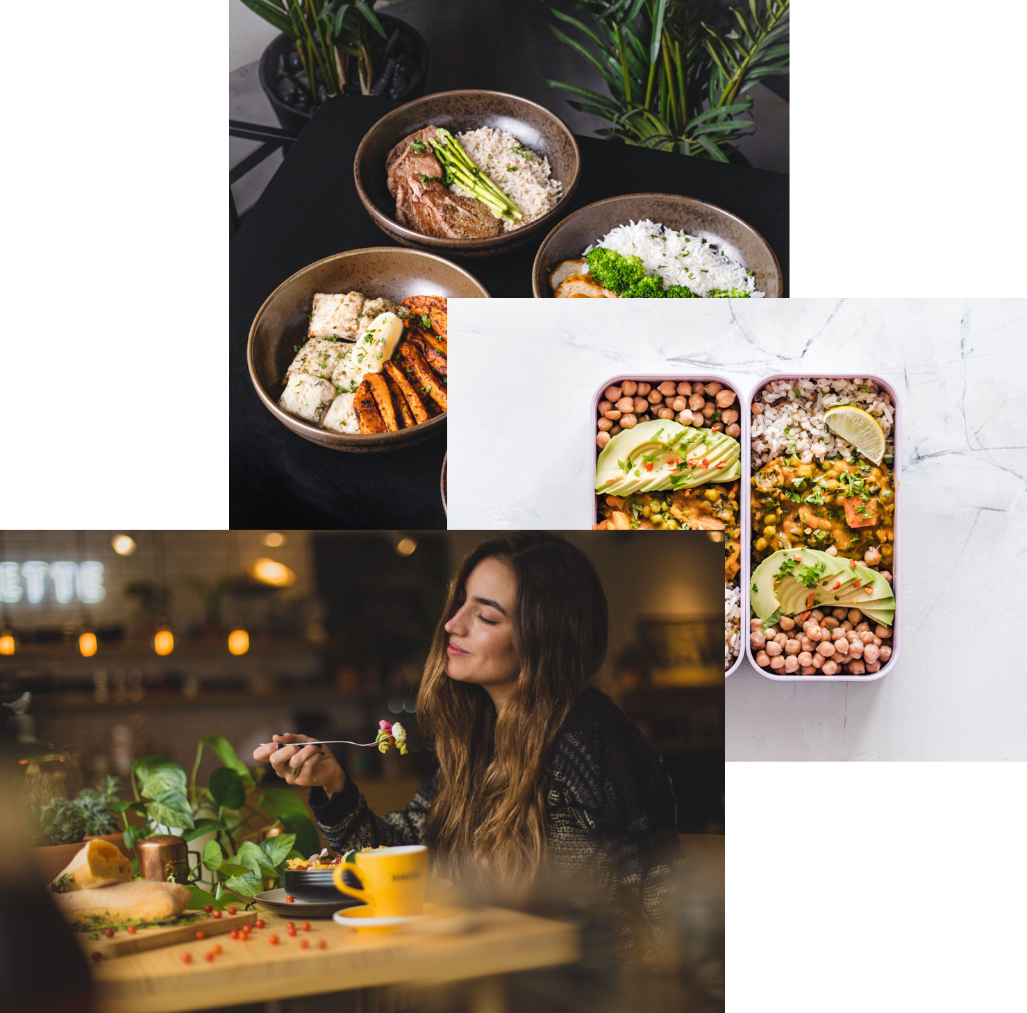 Woman enjoying food, meals in storage container, and food bowls on a table.